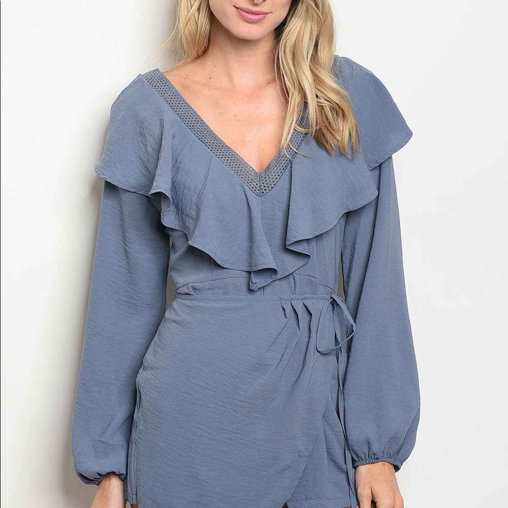Dusty Blue Ruffled Romper Skort - Picture 2 of 7